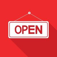 Open sign icon with long shadow on red background. vector