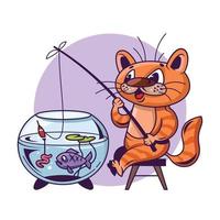 Cat catching fish from aquarium with bait. vector