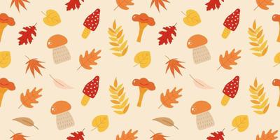 Vector seamless pattern with autumn cartoon mushrooms, leaves. Autumn background. Hand drawn autumn botany texture. Perfect for wrap paper, wallpaper, background and seasonal textile.