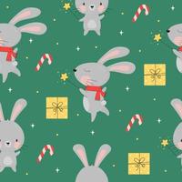 Happy new year pattern with cute bunny. Funny rabbit gives a gift. Chinese symbol 2023 new year. Animal cartoon character. Christmas background. For wrapping paper, textiles, fabric vector