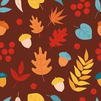 Vector seamless pattern with autumn cartoon leaves, acorns and rowan berries. Autumn background. Hand drawn autumn botany texture. Perfect for wrap paper, wallpaper, background and seasonal textile.