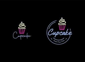 logotipo de la tienda de cupcakes. logotipo lineal redondo de la tienda de pasteles sobre fondo negro. vector