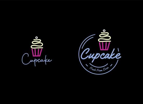 Cupcake Shop Logo. Round linear logo of cake store on black background.