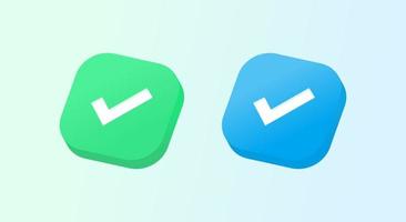 Botón de icono de marca de verificación 3d ilustración de vector azul y verde éxito hecho y casilla de verificación verificada