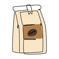 Single line drawing of a pouch of coffee. Simple flat color doodle style design for food and beverage concept vector