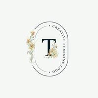 Initials letter T Wedding floral logos template, elegant hand drawn modern minimal templates vector