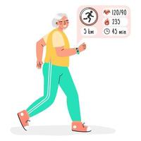 Old woman running with fitness tracker isolated on a white background. Smart Watch for senior people concept. Active old age. vector