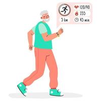Old man running with fitness tracker isolated on a white background. Smart Watch for senior people concept. Active old age.