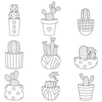 Set of cactuses in pots. Line art icons. vector