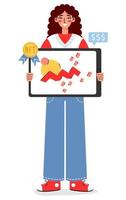 Woman artist holds a tablet with digital art. NFT concept. Flat vector illustration on a white background.