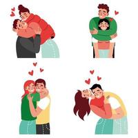 Set of happy couples in romantic relationships. Men and women hugging or cuddling. Colorful flat illustration on a white background. vector