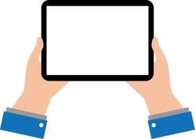 black empty tablet hands on white background. Businessman hold tablet with empty white screen. flat style. vector