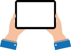 black empty tablet hands on white background. Businessman hold tablet with empty white screen. flat style. vector