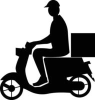 icono de repartidor sobre fondo blanco. señal de repartidor de comida. hombre en una motocicleta haciendo una entrega. estilo plano vector