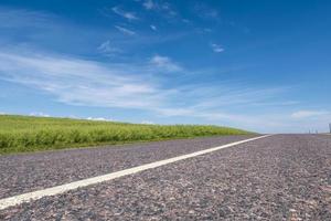 Asphalt highway empty road and clear blue sky with panoramic landscape photo
