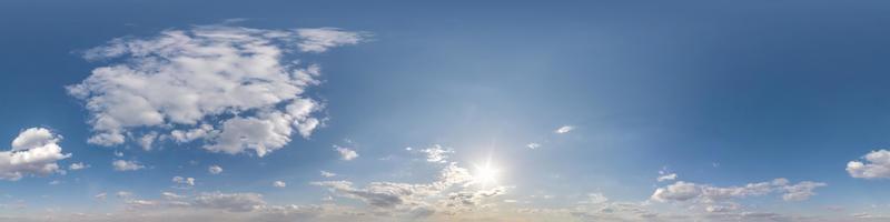 clear blue sky with white beautiful clouds. Seamless hdri panorama 360 degrees angle view  with zenith for use in 3d graphics or game development as sky dome or edit drone shot photo