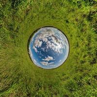 blue sky ball in middle of swirling asphalt road or field. Inversion of tiny planet transformation of spherical panorama 360 degrees. Spherical abstract view. Curvature of space. photo