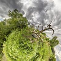 diminuta transformación planetaria de panorama esférico 360 grados. vista aérea abstracta esférica en el bosque cerca del lago. curvatura del espacio. foto