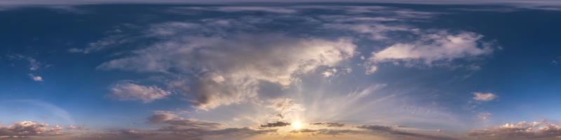 Seamless evening  blue sky hdri panorama 360 degrees angle view with zenith and beautiful clouds for use in 3d graphics as sky dome or edit drone shot photo