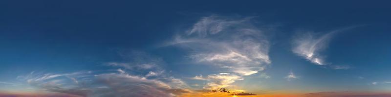 hdri 360 panorama of evening sky with white beautiful clouds. Seamless panorama with zenith for use in 3d graphics or game development as sky dome or edit drone shot for sky replacement photo