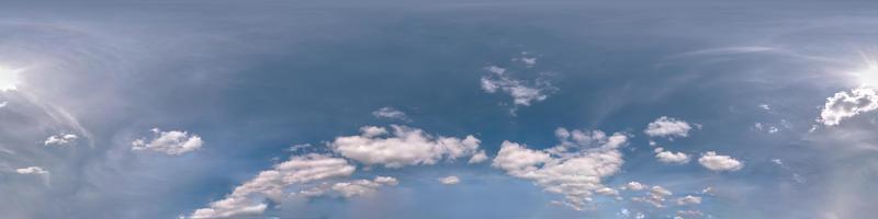 blue sky with beautiful cumulus clouds. Seamless hdri panorama 360 degrees angle view with zenith for use in 3d graphics or game development as sky dome or edit drone shot photo