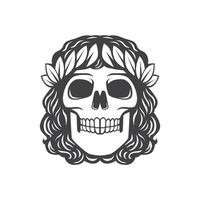 long-haired skull with leaves around the head vector