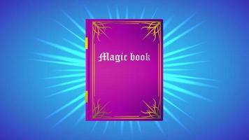 A magic book with an inscription on the cover and a magical glow at the back on a blue background. vector