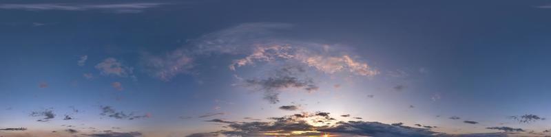 evening blue sky hdr 360 panorama with pink beautiful clouds in seamless projection with zenith for use in 3d graphics or game development as sky dome or edit drone shot for sky replacement photo