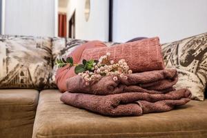 Interior of modern luxure bedroom in studio apartments in light pink color style photo