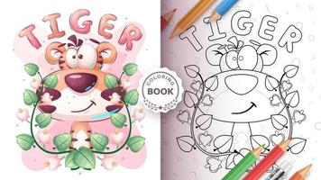página de coloreado personaje de dibujos animados tigre adorable, bonita idea animal para imprimir camiseta, afiche y sobre para niños, postal. lindo tigre de estilo dibujado a mano