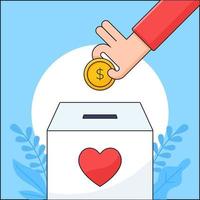 Inserte a mano la moneda y el símbolo del cuidado del amor en la ilustración del vector del concepto de caridad de la caja de donación