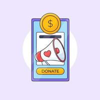 promoción de campaña de caridad de recaudación de fondos de aplicaciones móviles en línea con megáfono e icono de corazón ilustración vectorial vector