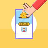 hand insert coin to smartphone screen charity donation fundraising mobile app vector illustartion