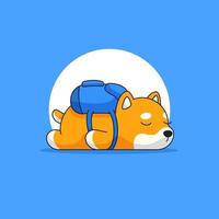 lindo perro shiba ropa de dormir mochila escolar ilustración de contorno vectorial para animal cansado después de estudiar mascota vector