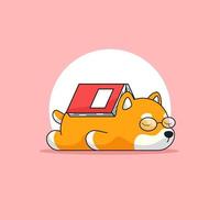 Cute Shiba dog wearing reading glass tired and sleep after read the thick book vector outline illustration mascot