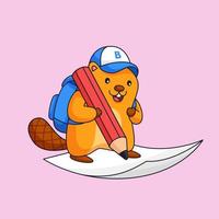 Beaver write on paper use big pencil animal school activity vector outline illustration mascot