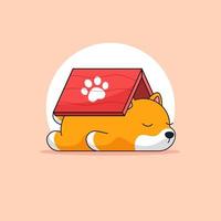 Dog tired and sleep under roof top animal activity vector outline illustration mascot