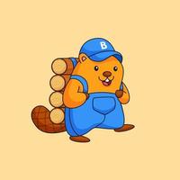 Happy beaver working hard carrying wood logs animal activity vector outline illustration mascot