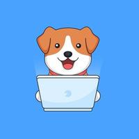 Dog working on computer laptop animal employee vector outline illustration mascot