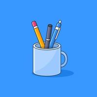 una taza llena de herramientas escolares estilo de dibujos animados ilustración vectorial. lápiz, bolígrafo, marcador, herramientas de oficina dentro de un vaso de café, diseño plano de contorno mínimo simple vector