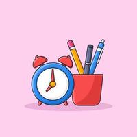 school tools inside a cup with alarm clock simple vector illustration. pencil, pen, marker student item for back to school concept. cartoon style outline flat design