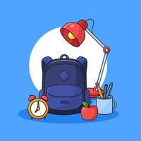 mochila de estudiante con herramientas de estudio completas y lámpara de escritorio para sentarse ilustración vectorial para el concepto de regreso a la escuela estilo de esquema de dibujos animados diseño plano vector