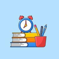 stack of book with alarm clock on the top and full glass studying tools simple minimal vector illustration for back to school poster outline flat design