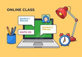 student online class starter pack desk setup for modern education digital schooling vector illustration. laptop full of chat discussion with office tools and sitting lamp and clock outline flat design