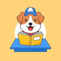 Dog reading book on classroom table animal school activity vector outline illustration mascot