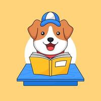 Dog reading book on classroom table animal school activity vector outline illustration mascot