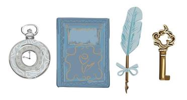 A set of vintage items. Book, key, pen and old watch. vector