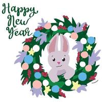 Postcard for the new year with a rabbit. New Year's wreath with a rabbit in the middle. vector