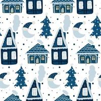 Christmas background with houses in the snow, moon and Christmas trees. vector