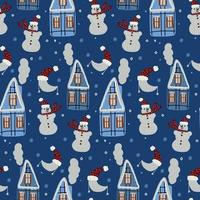 Christmas background with houses and a snowman.